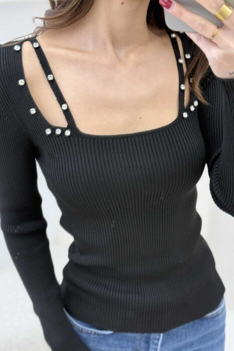 TRIKO NJË NGJYRËSHE ME DETAJIN E DIAMANTËVE PËR FEMRA NË NGJYRËN E ZEZË - 3