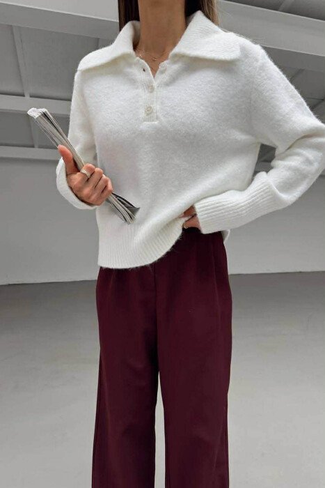 TRIKO NJË NGJYRËSHE ME JAKË ME BUTONA PËR FEMRA NË NGJYRË TË BARDHË - KLAUDIO FASHION