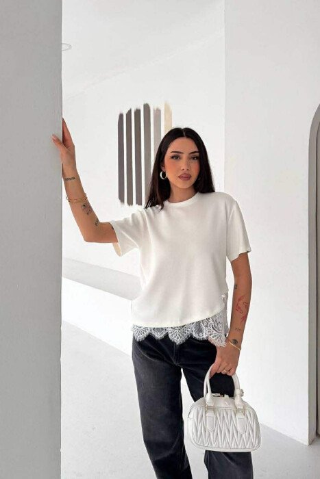 TULLE DETAIL ONE COLOR WOMAN T-SHIRT WHITE-E BARDHE - KLAUDIO FASHION