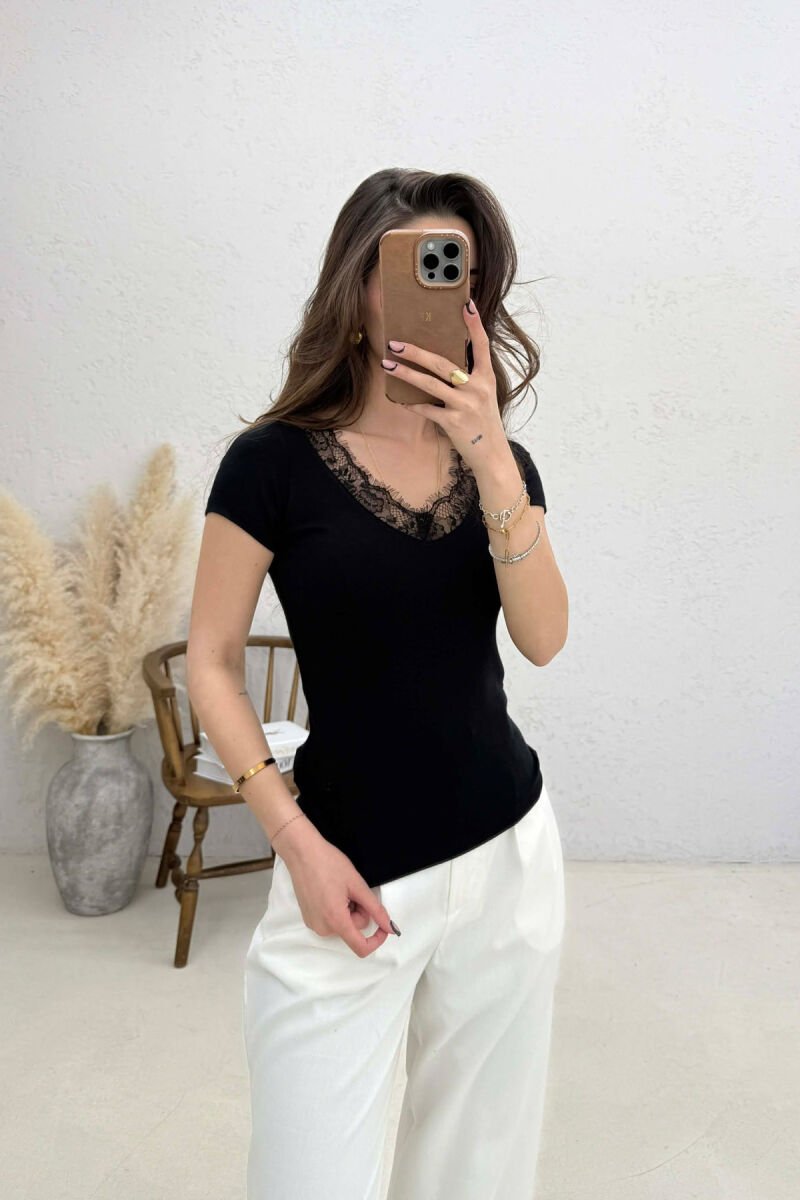 TULLE DETAIL V- NECK WOMAN T-SHIRT BLACK/ E ZEZE - 1