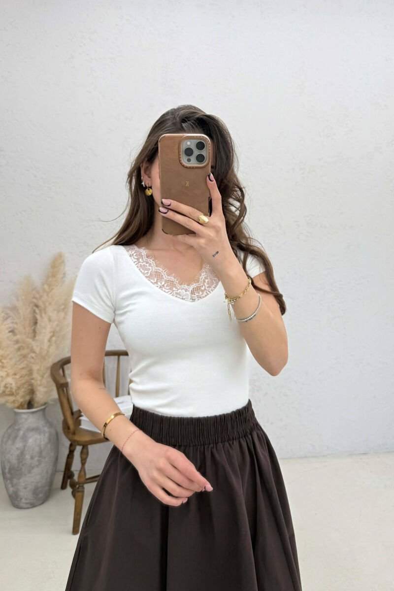 TULLE DETAIL V- NECK WOMAN T-SHIRT WHITE-E BARDHE - 1