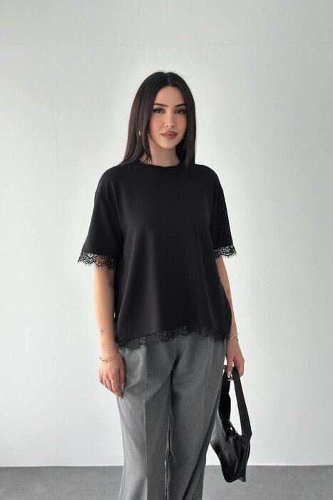 TULLE DETAILS ONE COLOR WOMAN T-SHIRT BLACK/ E ZEZE - KLAUDIO FASHION