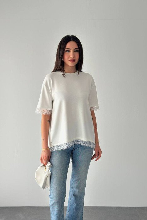 TULLE DETAILS ONE COLOR WOMAN T-SHIRT WHITE-E BARDHE - KLAUDIO FASHION
