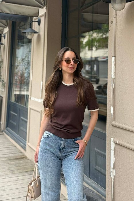TULLE DETAILS SHORT SLEEVE WOMEN SWEATER BROWN/KAFE 