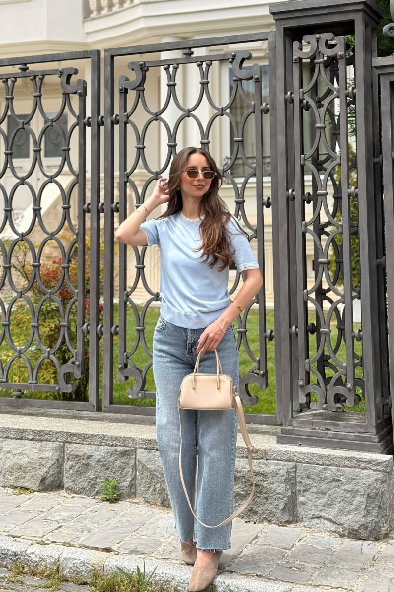 TULLE DETAILS SHORT SLEEVE WOMEN SWEATER LIGHTBLUE/BZ - 5