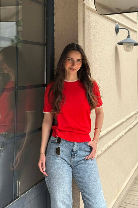 TULLE DETAILS SHORT SLEEVE WOMEN SWEATER RED/E KUQE 