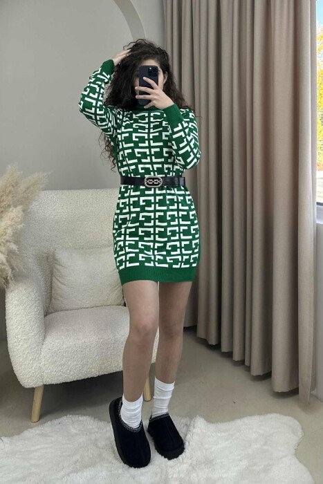 TURTLE NECK BELT DETAIL DESIGNED KNIT WOMEN DRESS GREEN/JESHILE 