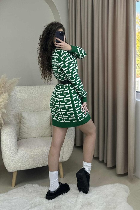 TURTLE NECK BELT DETAIL DESIGNED KNIT WOMEN DRESS GREEN/JESHILE - 3