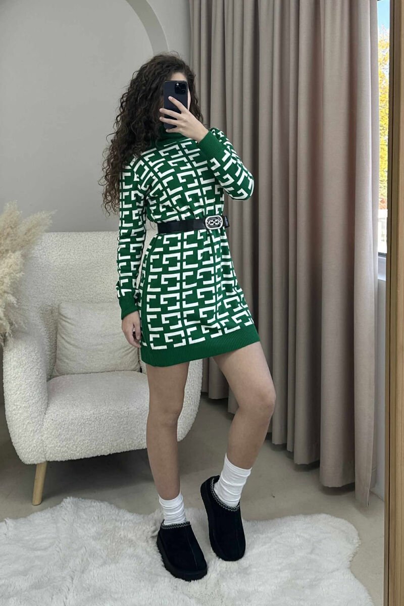 TURTLE NECK BELT DETAIL DESIGNED KNIT WOMEN DRESS GREEN/JESHILE - 2