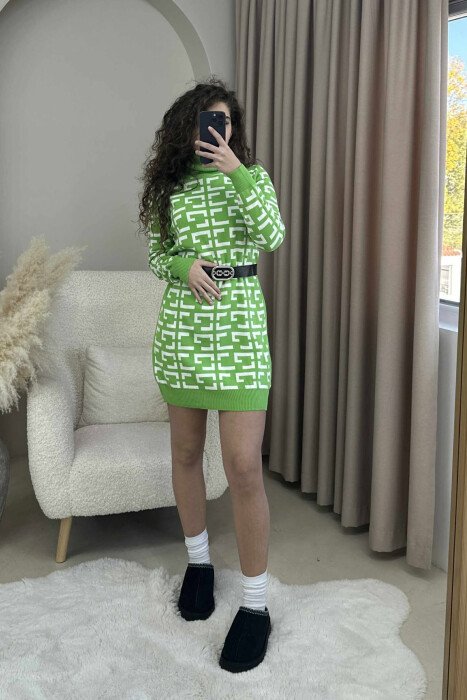 TURTLE NECK BELT DETAIL DESIGNED KNIT WOMEN DRESS LIGHT GREEN/JEZB - 1
