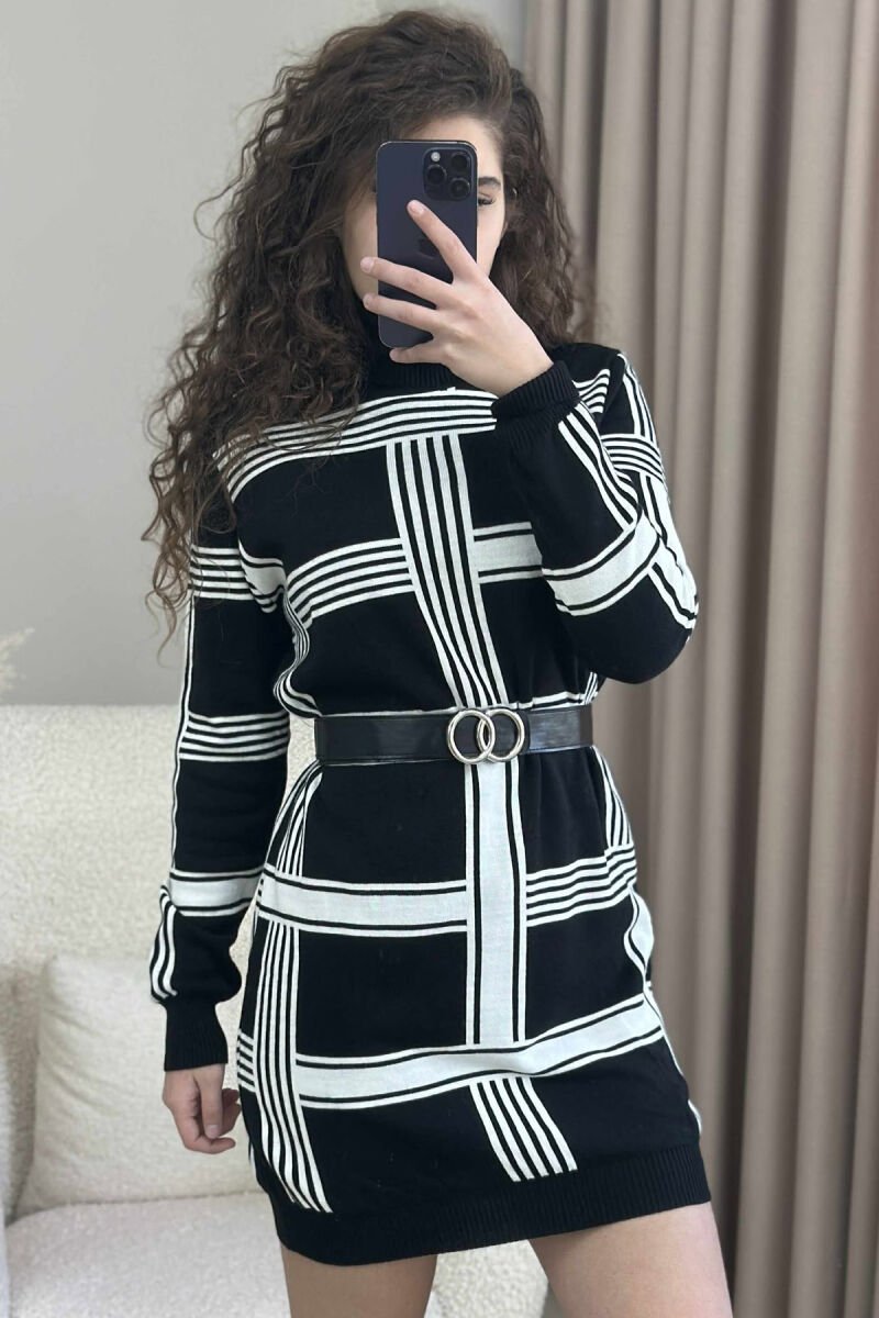 TURTLE NECK BELT DETAIL STRIPES KNIT WOMEN DRESS BLACK-WHITE/ZEBA - 5