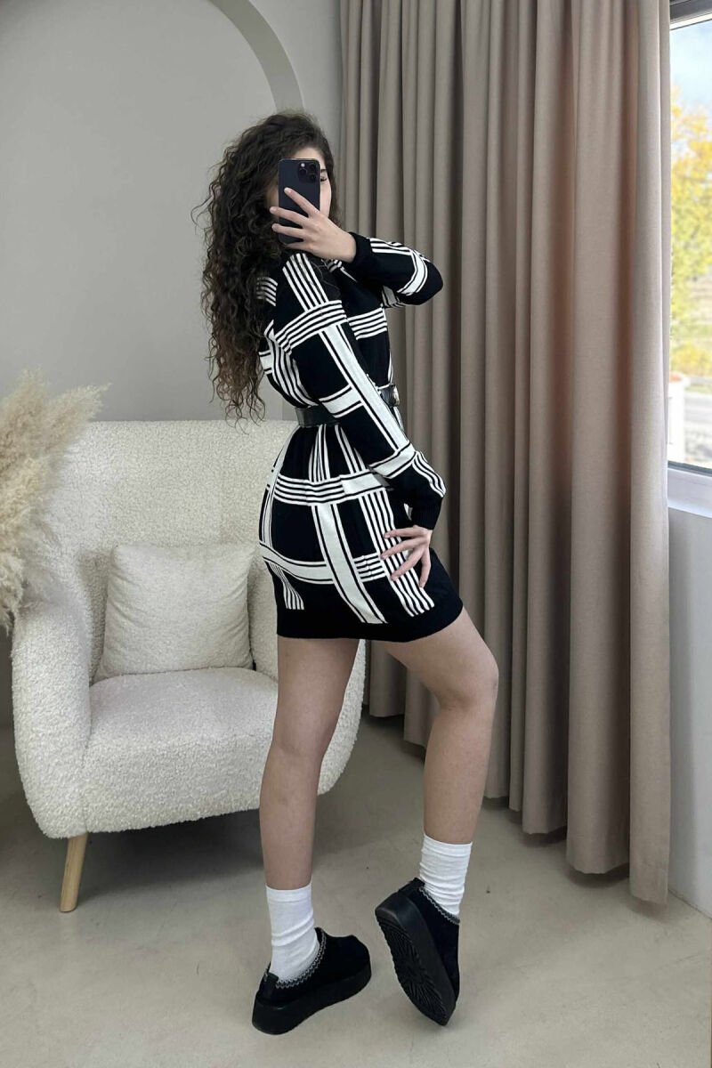 TURTLE NECK BELT DETAIL STRIPES KNIT WOMEN DRESS BLACK-WHITE/ZEBA - 4