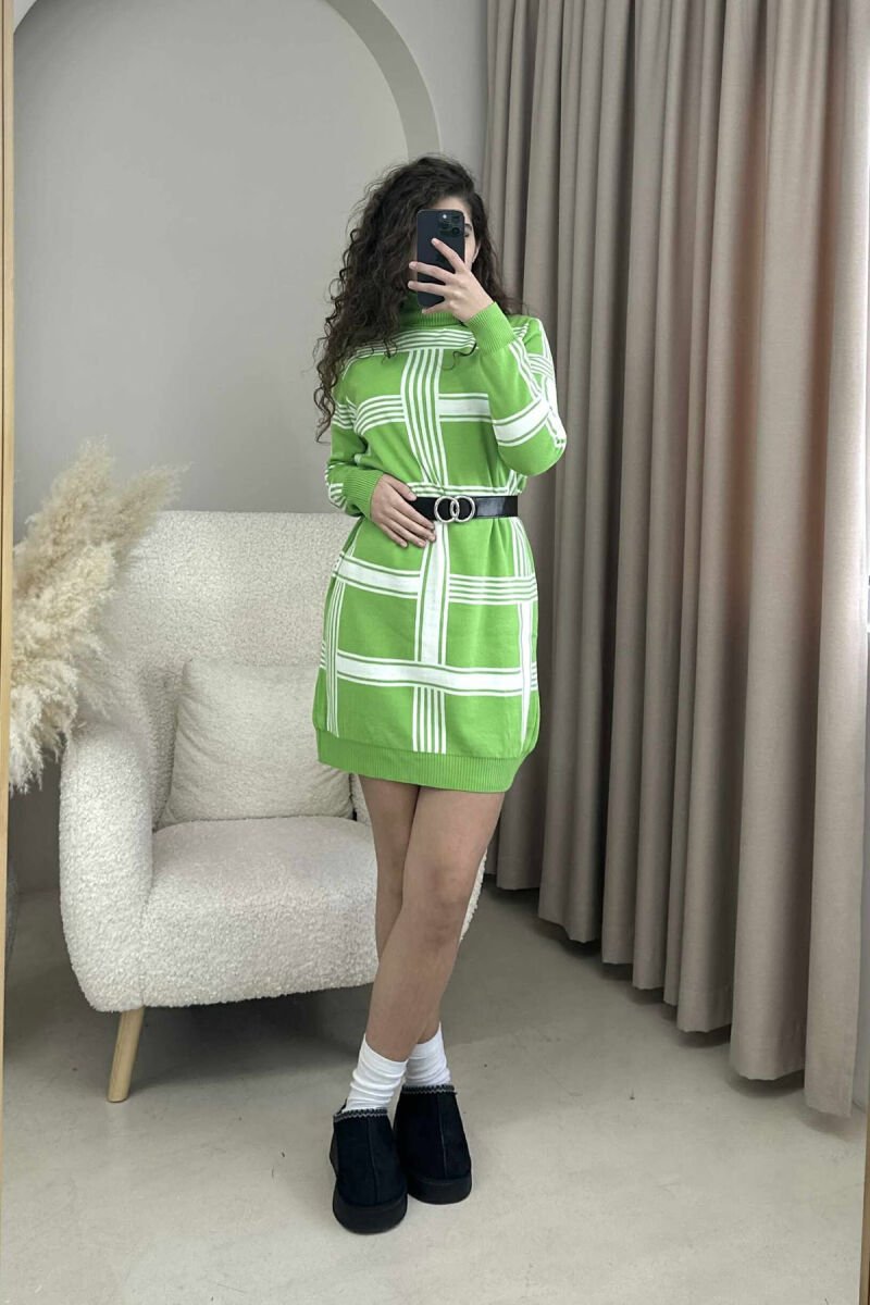 TURTLE NECK BELT DETAIL STRIPES KNIT WOMEN DRESS LIGHT GREEN/JEZB - 1