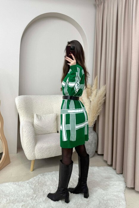 TURTLE NECK BELT DETAIL STRIPES KNIT WOMEN DRESS WHITE/GREEN-BAJE - 3