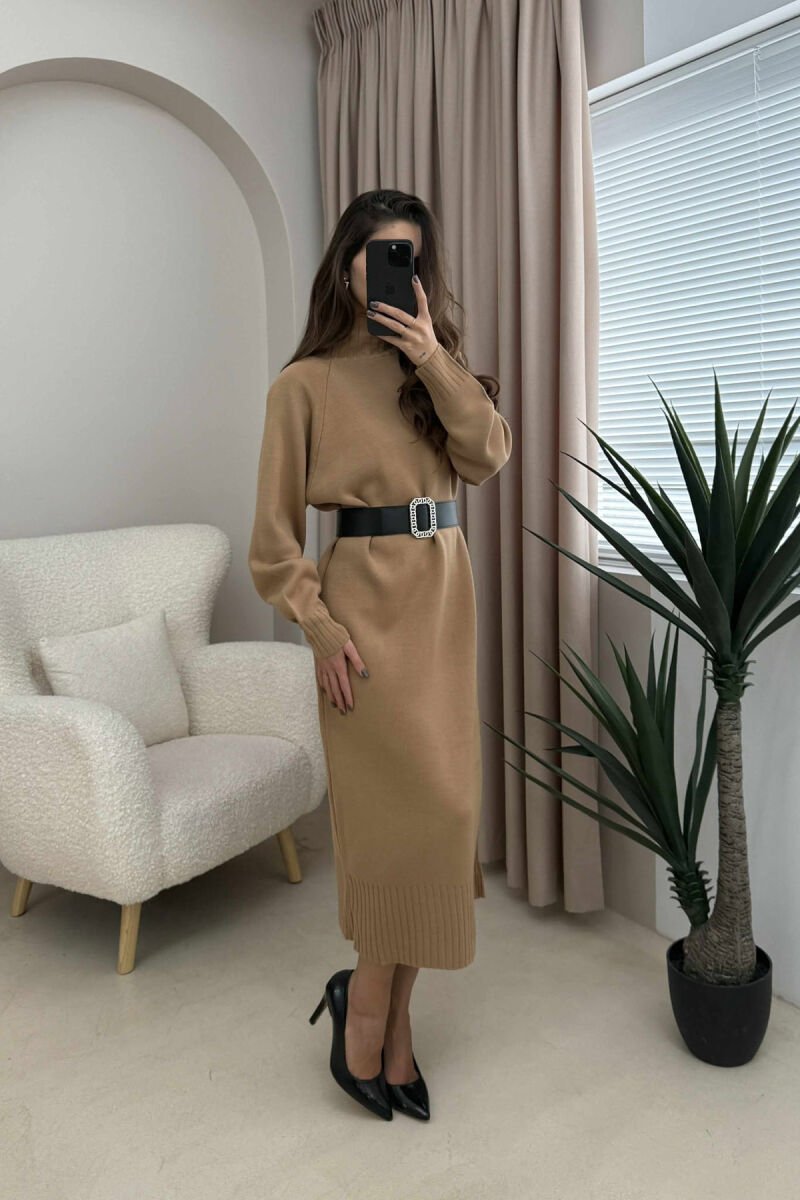 TURTLE NECK ONE COLOR BELT DETAIL WOMEN DRESS BEIGE/BEZHE - 2