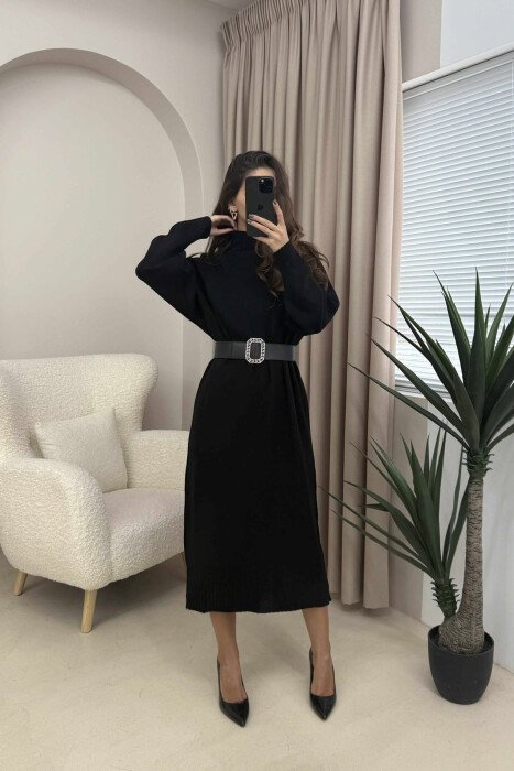 TURTLE NECK ONE COLOR BELT DETAIL WOMEN DRESS BLACK/ E ZEZE 