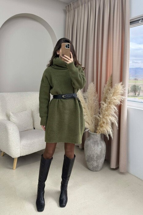 TURTLE NECK ONE COLOR KNIT WOMEN DRESS GREEN/JESHILE - KLAUDIO FASHION