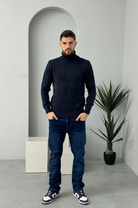 TURTLE NECK ONE COLOR MEN SWEATER DARK BLUE/BEE - 2