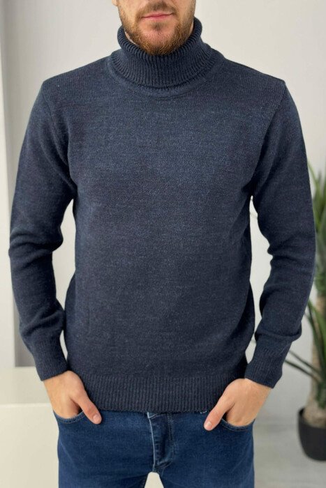 TURTLE NECK ONE COLOR MEN SWEATER DARK BLUE/BEE - 1