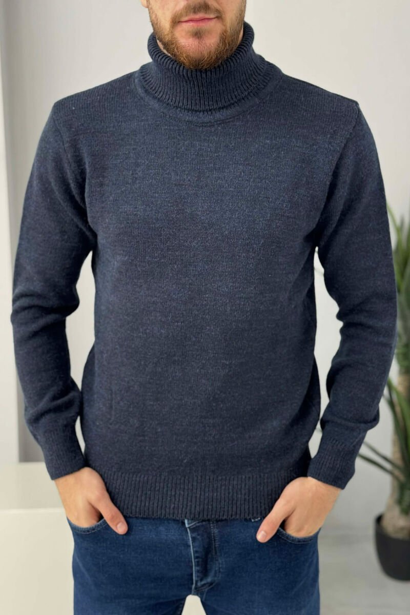 TURTLE NECK ONE COLOR MEN SWEATER DARK BLUE/BEE - 1