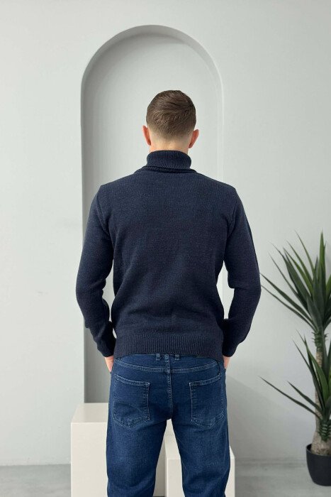 TURTLE NECK ONE COLOR MEN SWEATER DARK BLUE/BEE - 4