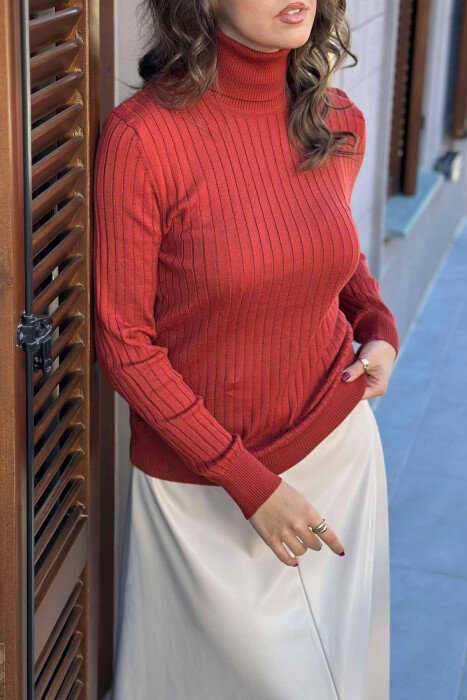 TURTLE NECK ONE COLOR WOMEN SWEATSHIRT BRICK/TULLE - 3
