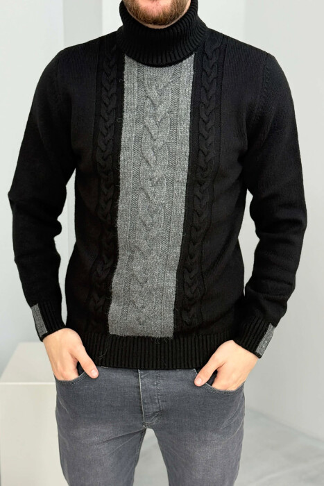 TURTLE NECK SIMPLE MEN SWEATER BLACK-GREY/ZEGR - 2