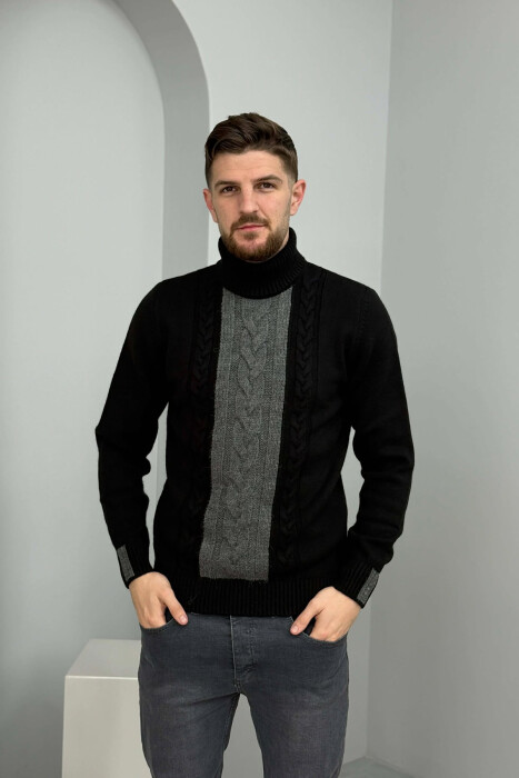 TURTLE NECK SIMPLE MEN SWEATER BLACK-GREY/ZEGR - 3