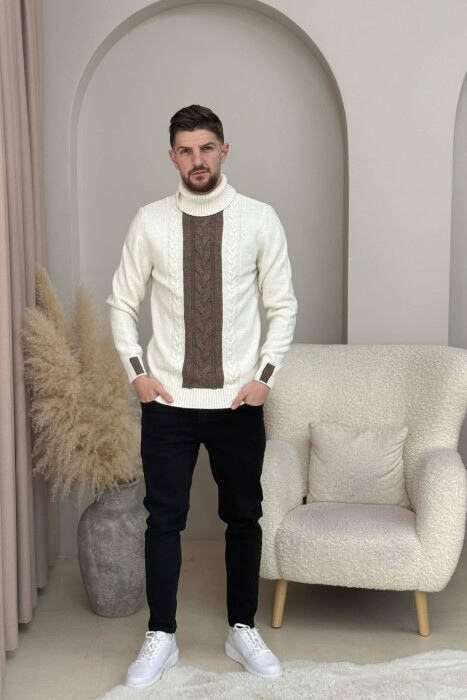 TURTLE NECK SIMPLE MEN SWEATER CREAM-BROWN/KRKA - 1