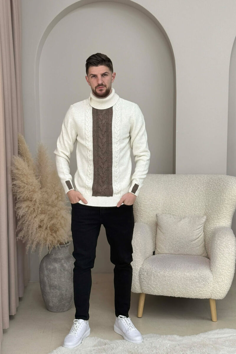TURTLE NECK SIMPLE MEN SWEATER CREAM-BROWN/KRKA - 1