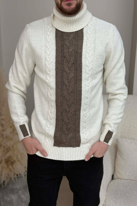 TURTLE NECK SIMPLE MEN SWEATER CREAM-BROWN/KRKA - 3