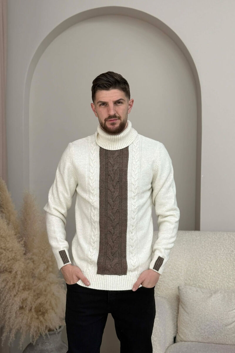 TURTLE NECK SIMPLE MEN SWEATER CREAM-BROWN/KRKA - 4