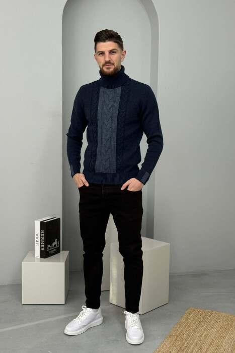 TURTLE NECK SIMPLE MEN SWEATER DARK BLUE/BEE 
