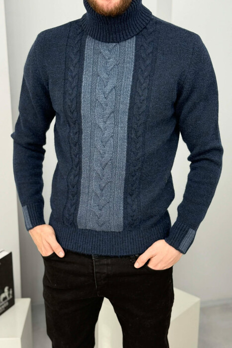 TURTLE NECK SIMPLE MEN SWEATER DARK BLUE/BEE - 2
