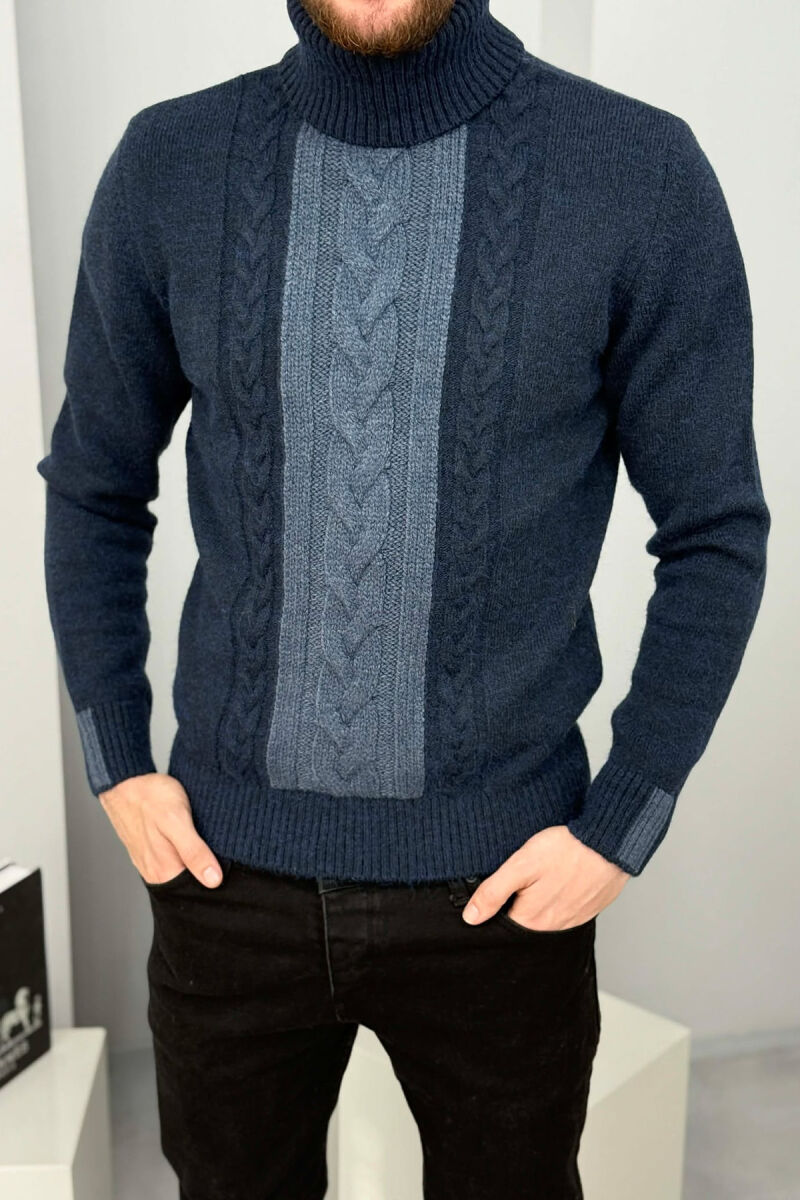 TURTLE NECK SIMPLE MEN SWEATER DARK BLUE/BEE - 2