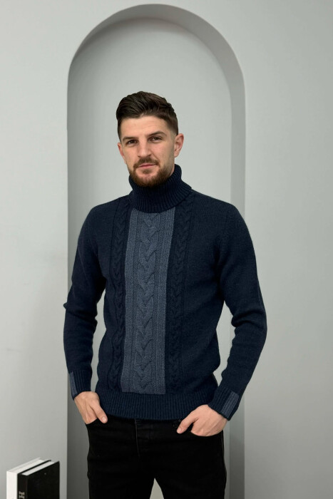 TURTLE NECK SIMPLE MEN SWEATER DARK BLUE/BEE - 3