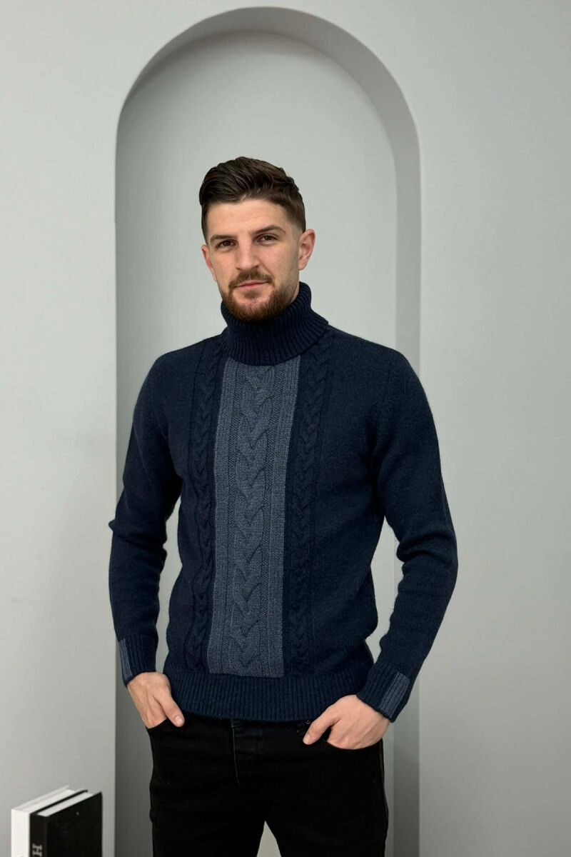 TURTLE NECK SIMPLE MEN SWEATER DARK BLUE/BEE - 3