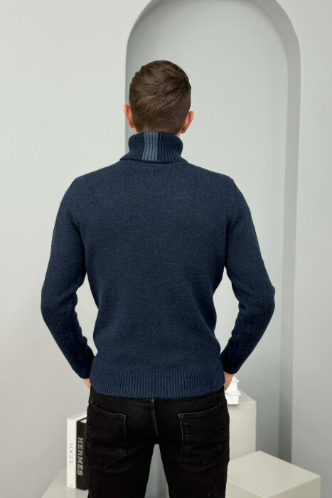 TURTLE NECK SIMPLE MEN SWEATER DARK BLUE/BEE - 4