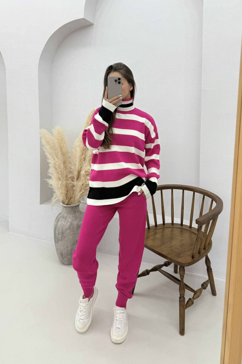 TURTLE NECK STRIPED SWEATER+TROUSERS KNIT WOMEN SET FUCHSIA/CIKLAMI - 2