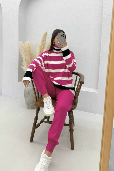 TURTLE NECK STRIPED SWEATER+TROUSERS KNIT WOMEN SET FUCHSIA/CIKLAMI - 1