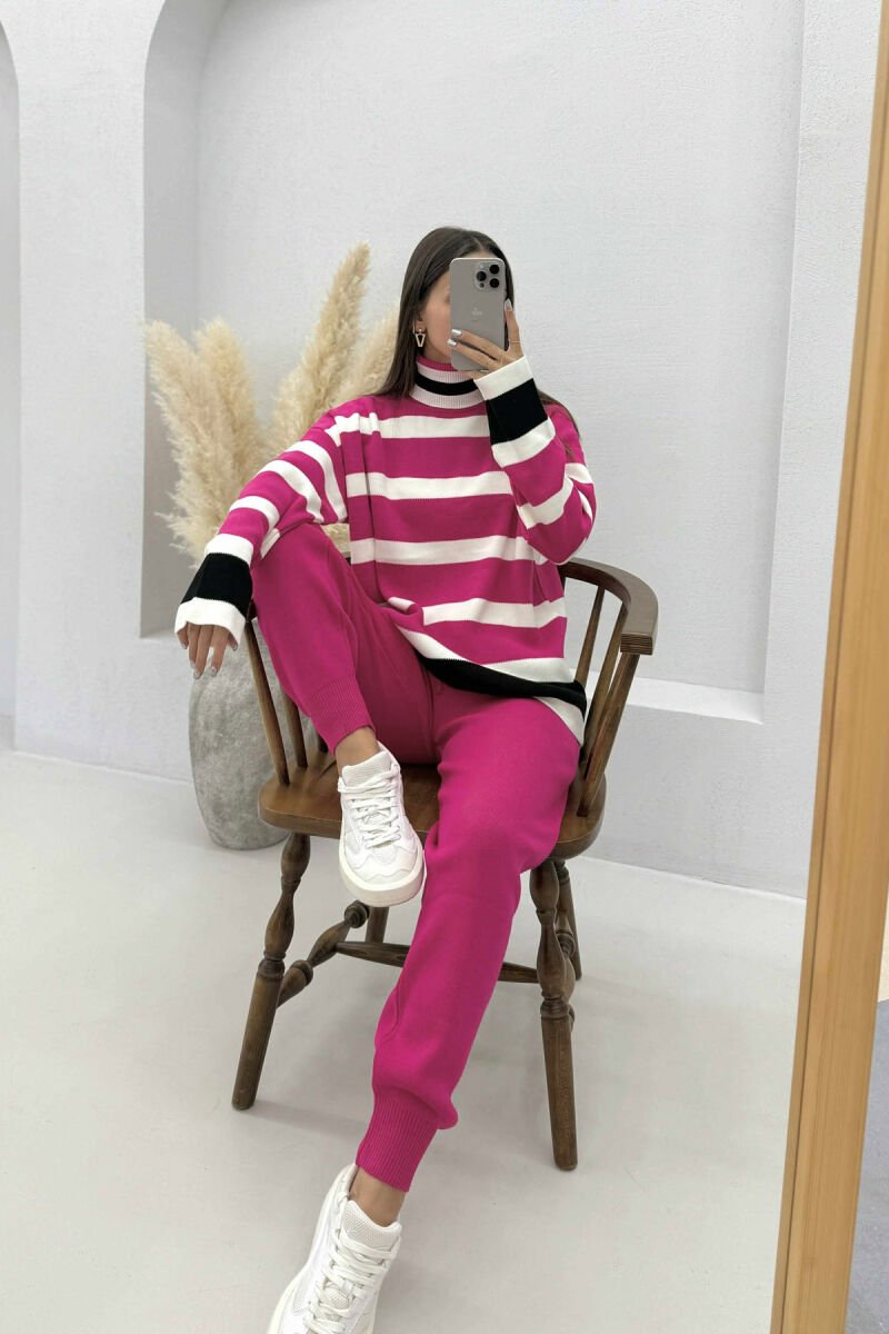 TURTLE NECK STRIPED SWEATER+TROUSERS KNIT WOMEN SET FUCHSIA/CIKLAMI - 1