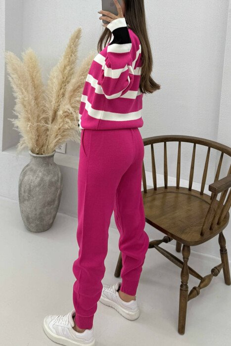 TURTLE NECK STRIPED SWEATER+TROUSERS KNIT WOMEN SET FUCHSIA/CIKLAMI - 4