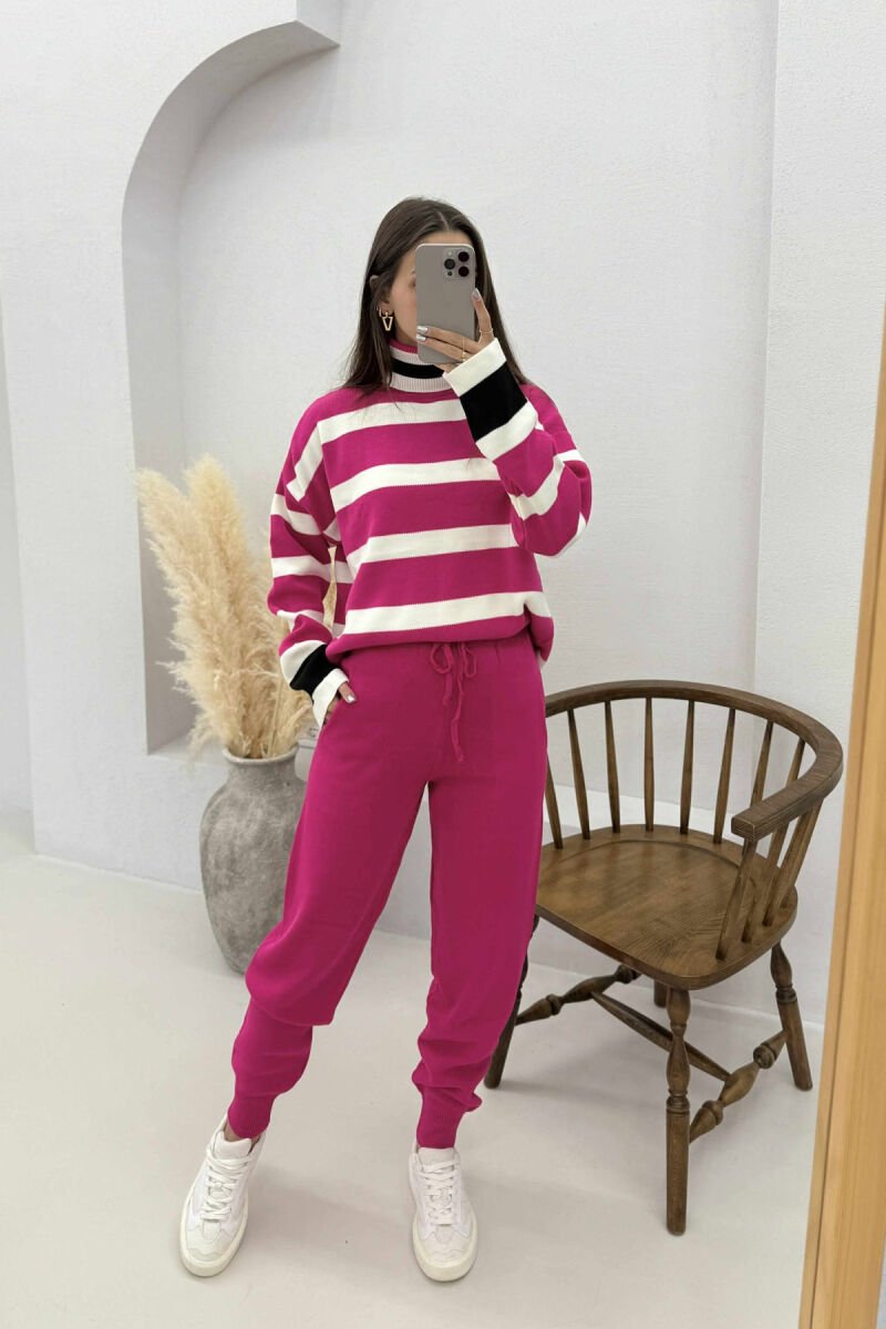 TURTLE NECK STRIPED SWEATER+TROUSERS KNIT WOMEN SET FUCHSIA/CIKLAMI - 3