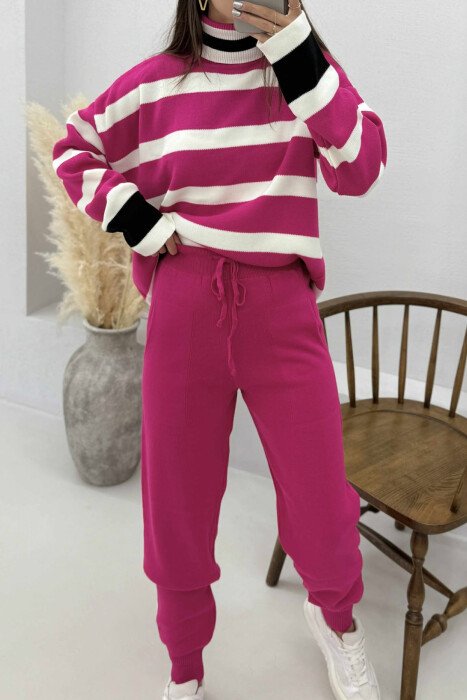 TURTLE NECK STRIPED SWEATER+TROUSERS KNIT WOMEN SET FUCHSIA/CIKLAMI - 5