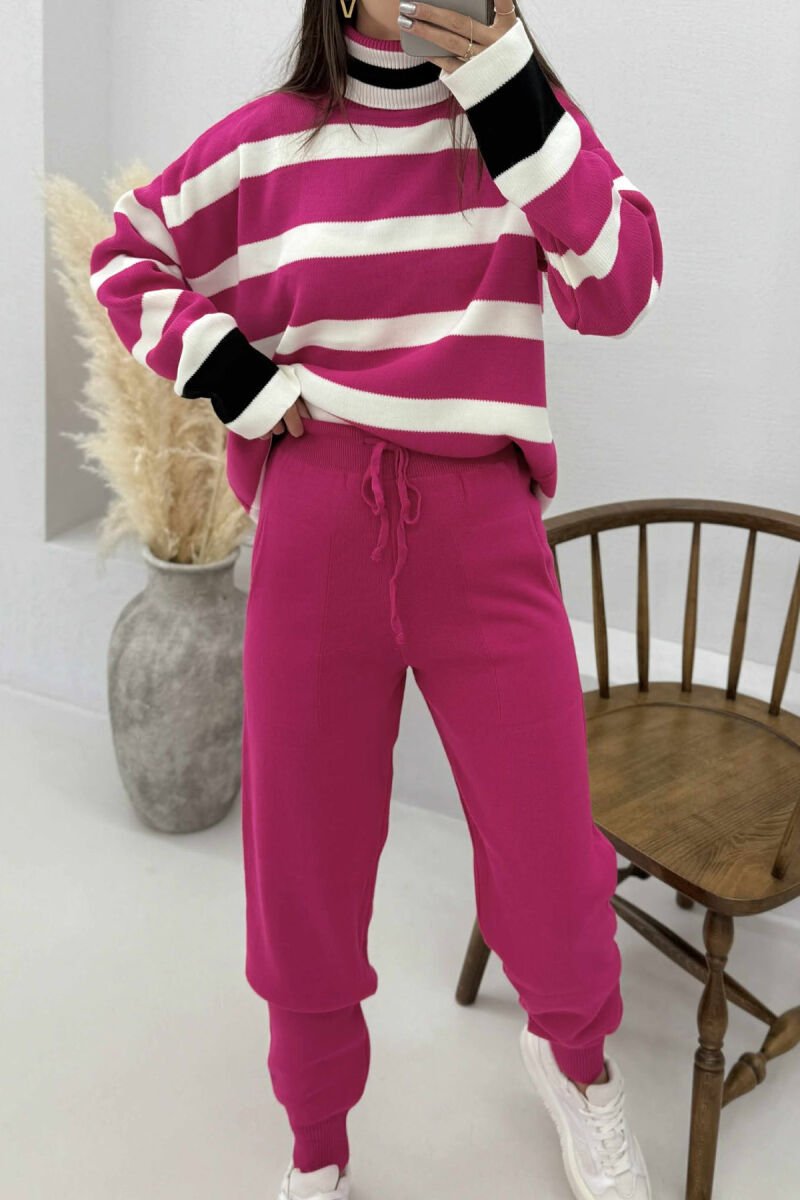 TURTLE NECK STRIPED SWEATER+TROUSERS KNIT WOMEN SET FUCHSIA/CIKLAMI - 5