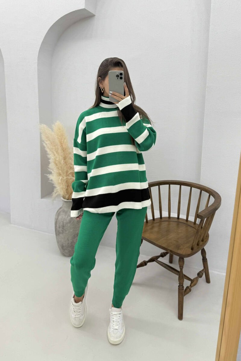 TURTLE NECK STRIPED SWEATER+TROUSERS KNIT WOMEN SET GREEN/JESHILE - 3