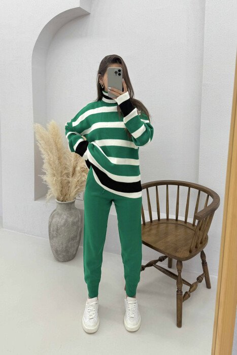 TURTLE NECK STRIPED SWEATER+TROUSERS KNIT WOMEN SET GREEN/JESHILE - 2