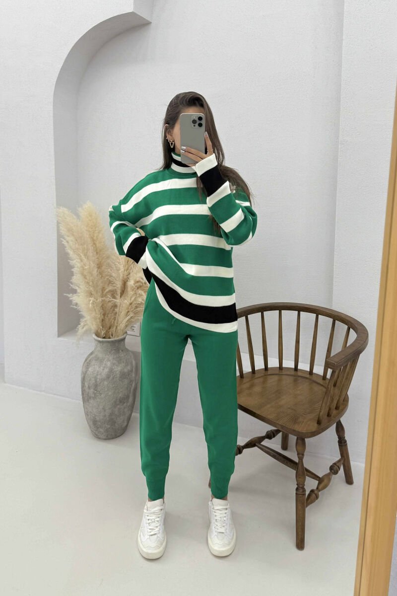 TURTLE NECK STRIPED SWEATER+TROUSERS KNIT WOMEN SET GREEN/JESHILE - 2