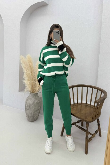 TURTLE NECK STRIPED SWEATER+TROUSERS KNIT WOMEN SET GREEN/JESHILE - 1