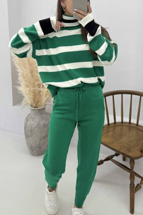 TURTLE NECK STRIPED SWEATER+TROUSERS KNIT WOMEN SET GREEN/JESHILE - 5